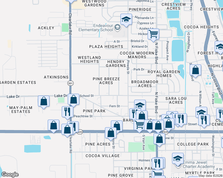 map of restaurants, bars, coffee shops, grocery stores, and more near 301 Pine Avenue in Cocoa