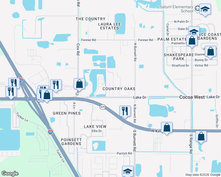 map of restaurants, bars, coffee shops, grocery stores, and more near 308 Sun Dial Court in Cocoa