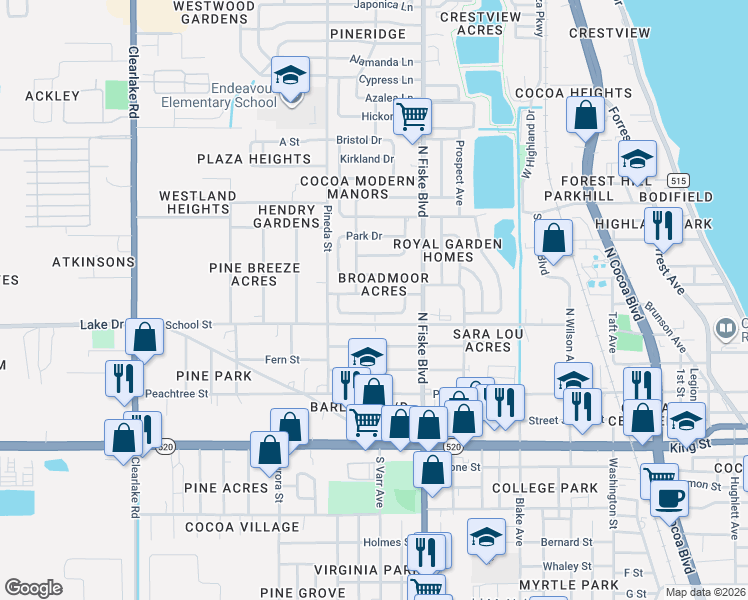 map of restaurants, bars, coffee shops, grocery stores, and more near 1103 Broadmoor Drive in Cocoa