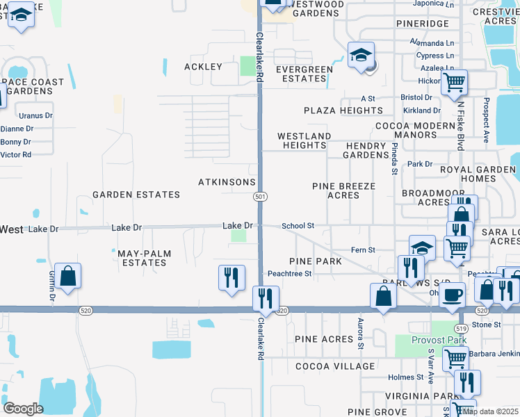 map of restaurants, bars, coffee shops, grocery stores, and more near 1608 Lake Drive in Cocoa