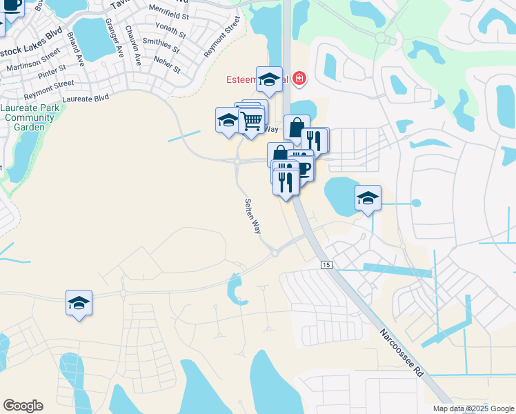 map of restaurants, bars, coffee shops, grocery stores, and more near 14105 Narcoossee Road in Orlando