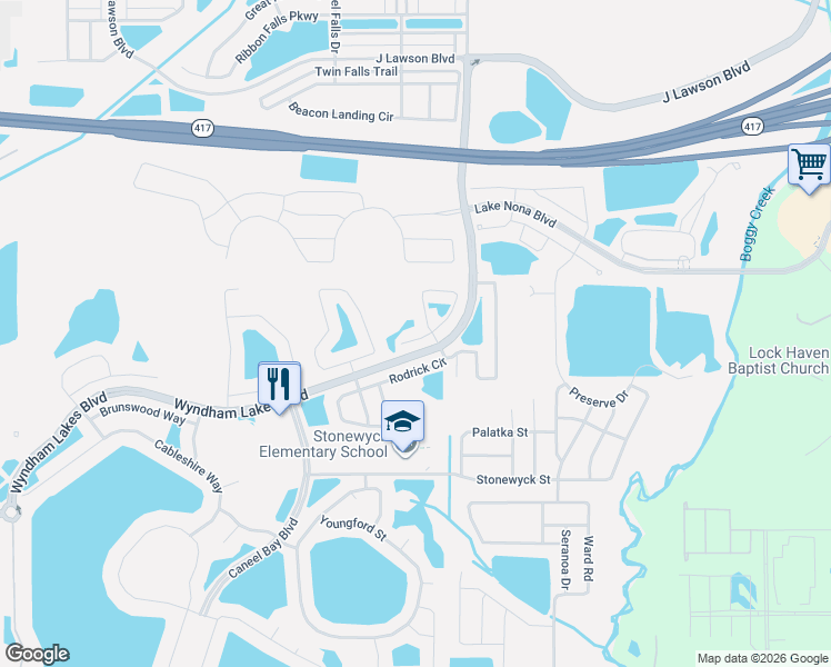 map of restaurants, bars, coffee shops, grocery stores, and more near 3224 Rodrick Circle in Orlando