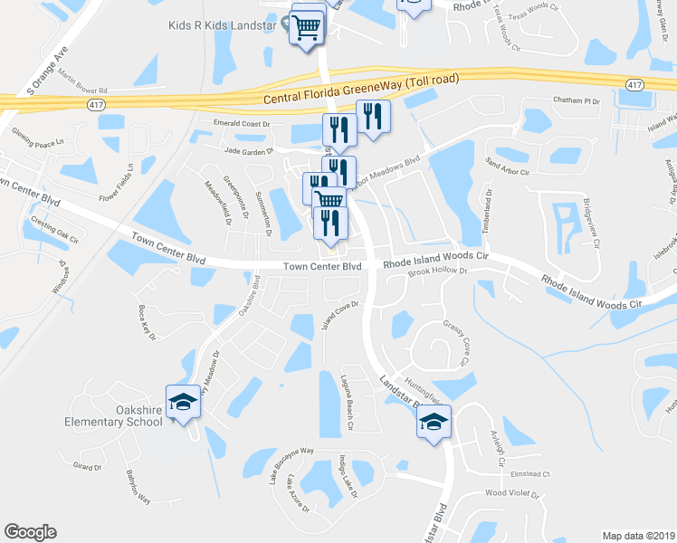 map of restaurants, bars, coffee shops, grocery stores, and more near 1350 Lucaya Circle in Orlando