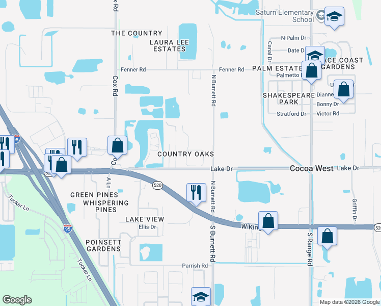 map of restaurants, bars, coffee shops, grocery stores, and more near 3718 Chambers Lane in Cocoa
