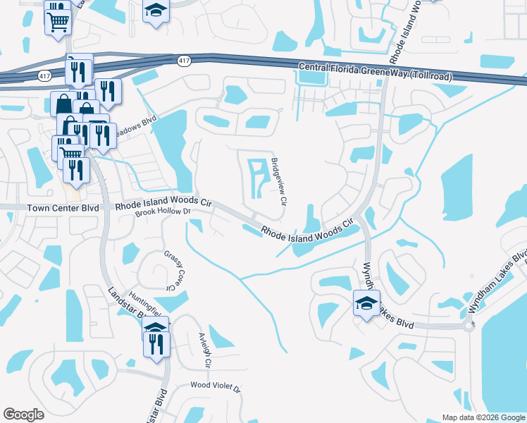 map of restaurants, bars, coffee shops, grocery stores, and more near 1818 Bridgeview Circle in Orlando