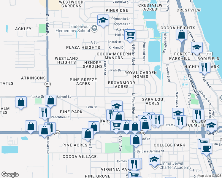 map of restaurants, bars, coffee shops, grocery stores, and more near 1103 Mitchell Street in Cocoa