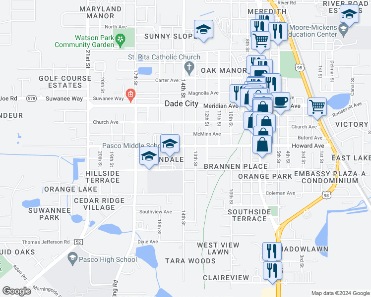 map of restaurants, bars, coffee shops, grocery stores, and more near 13946 14th Street in Dade City