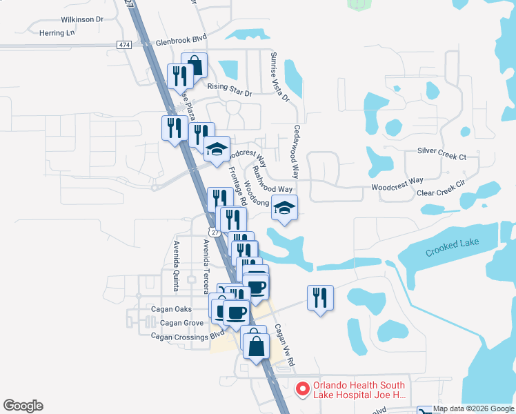 map of restaurants, bars, coffee shops, grocery stores, and more near 1016 Woodsong Way in Clermont