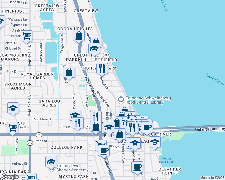map of restaurants, bars, coffee shops, grocery stores, and more near 54 Parkway Street in Cocoa