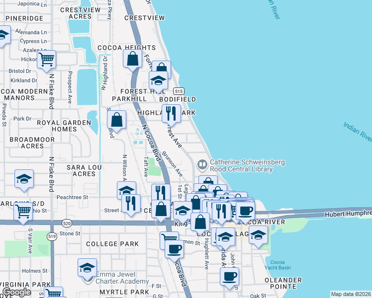 map of restaurants, bars, coffee shops, grocery stores, and more near 54 Parkway Street in Cocoa