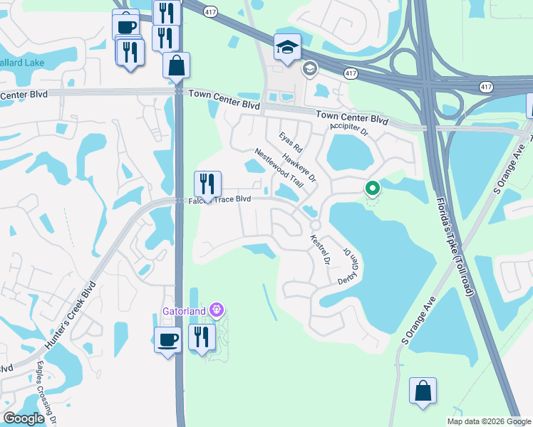 map of restaurants, bars, coffee shops, grocery stores, and more near 1833 Soaring Heights Circle in Orlando