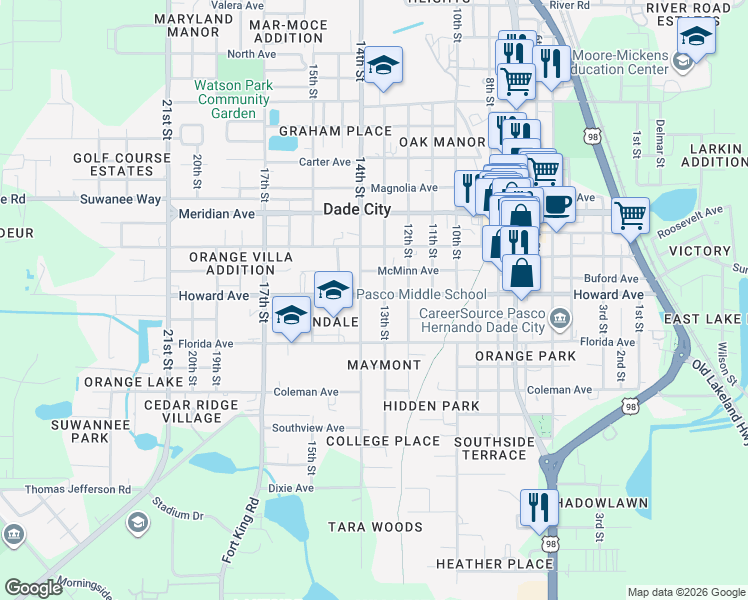 map of restaurants, bars, coffee shops, grocery stores, and more near 14027 13th Street in Dade City