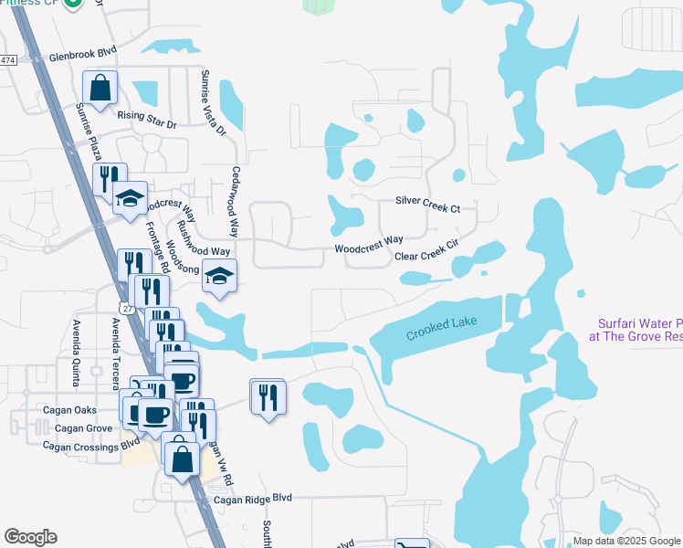 map of restaurants, bars, coffee shops, grocery stores, and more near 1025 Winding Water Way in Clermont