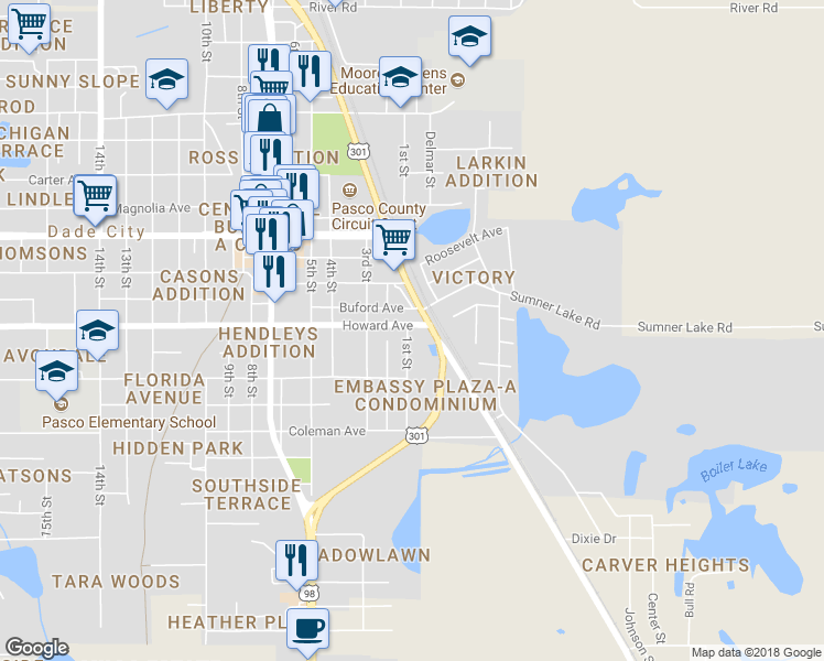 map of restaurants, bars, coffee shops, grocery stores, and more near 13944 1st Street in Dade City