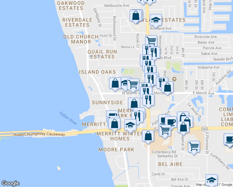 map of restaurants, bars, coffee shops, grocery stores, and more near 359 West Merritt Avenue in Merritt Island