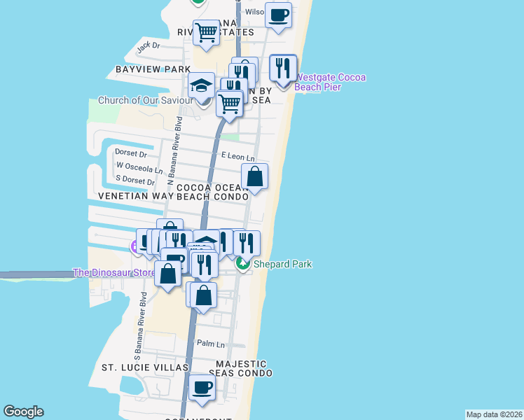 map of restaurants, bars, coffee shops, grocery stores, and more near 4700 Ocean Beach Boulevard in Cocoa Beach