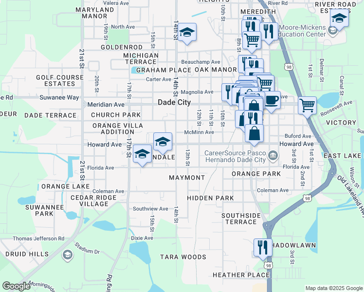 map of restaurants, bars, coffee shops, grocery stores, and more near 37514 Howard Avenue in Dade City