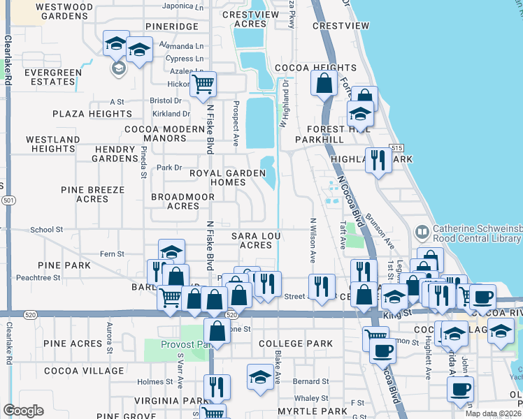map of restaurants, bars, coffee shops, grocery stores, and more near 307 Churchill Drive in Cocoa