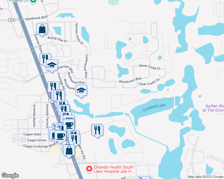 map of restaurants, bars, coffee shops, grocery stores, and more near 1151 Woodflower Way in Clermont