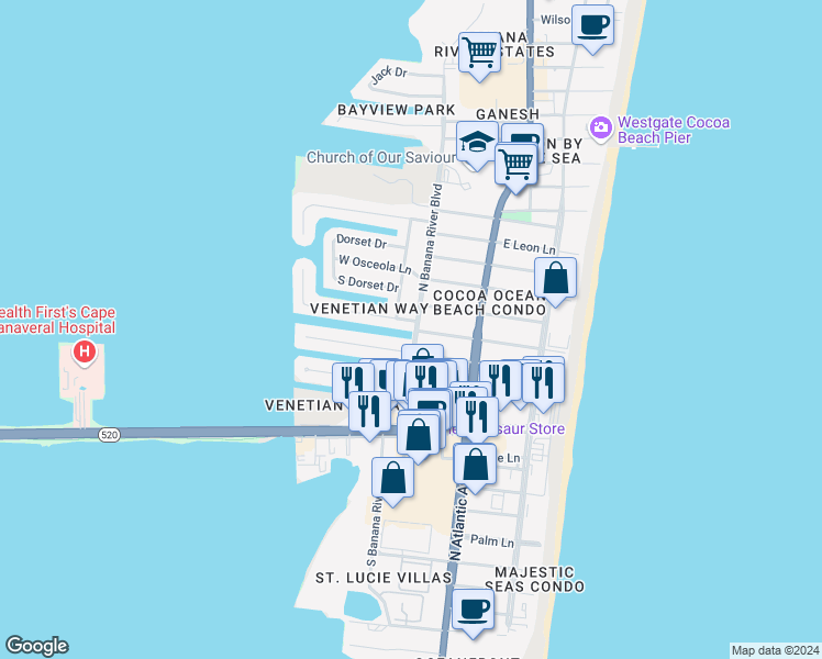 map of restaurants, bars, coffee shops, grocery stores, and more near 307 Carmine Drive in Cocoa Beach