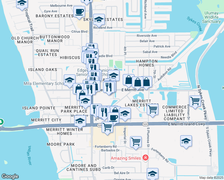 map of restaurants, bars, coffee shops, grocery stores, and more near 180 East Merritt Avenue in Merritt Island