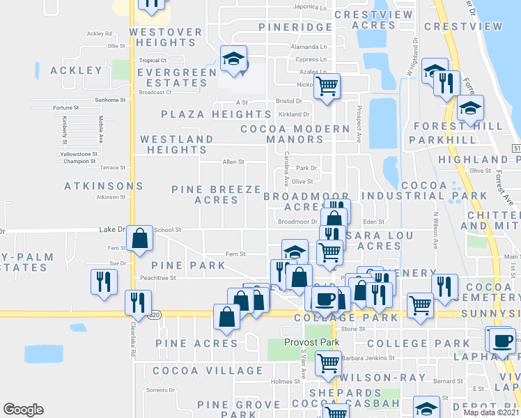 map of restaurants, bars, coffee shops, grocery stores, and more near 501 North Georgia Avenue in Cocoa