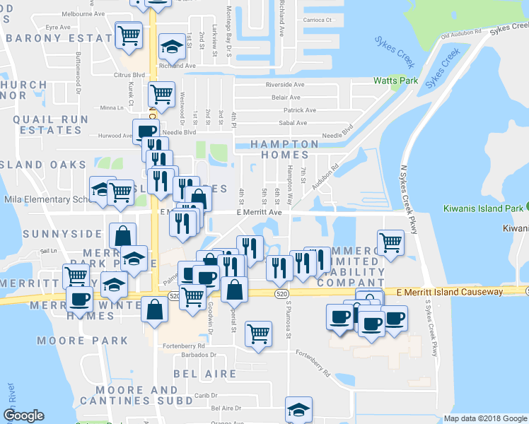 map of restaurants, bars, coffee shops, grocery stores, and more near 359 East Merritt Avenue in Merritt Island