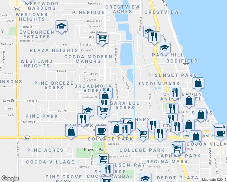map of restaurants, bars, coffee shops, grocery stores, and more near 903 Mitchell Street in Cocoa