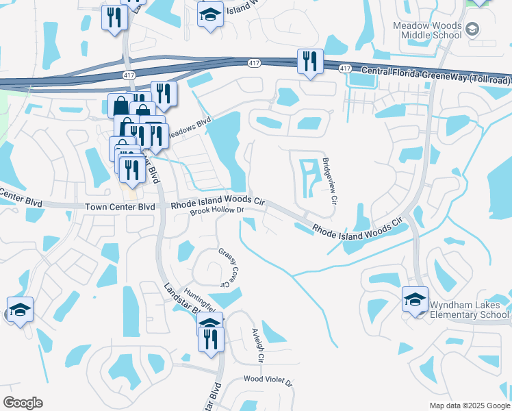 map of restaurants, bars, coffee shops, grocery stores, and more near 1629 Brook Hollow Drive in Orlando