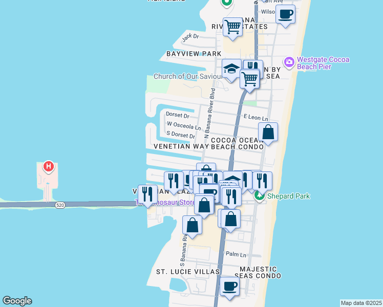 map of restaurants, bars, coffee shops, grocery stores, and more near 336 Carmine Drive in Cocoa Beach