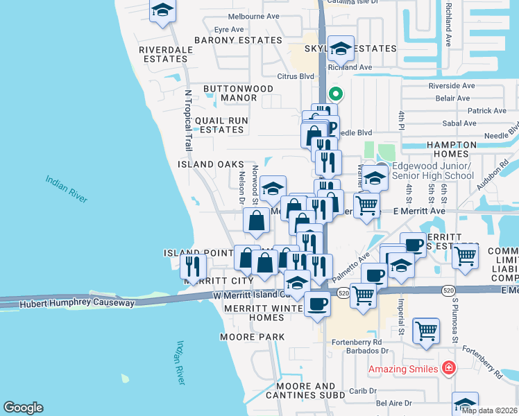 map of restaurants, bars, coffee shops, grocery stores, and more near 300 Norwood Street in Merritt Island