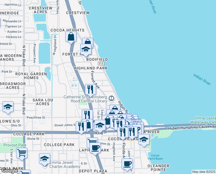 map of restaurants, bars, coffee shops, grocery stores, and more near 407 Indian River Drive in Cocoa