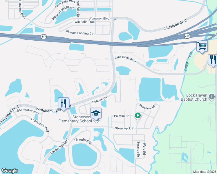 map of restaurants, bars, coffee shops, grocery stores, and more near 2970 Rodrick Circle in Orlando