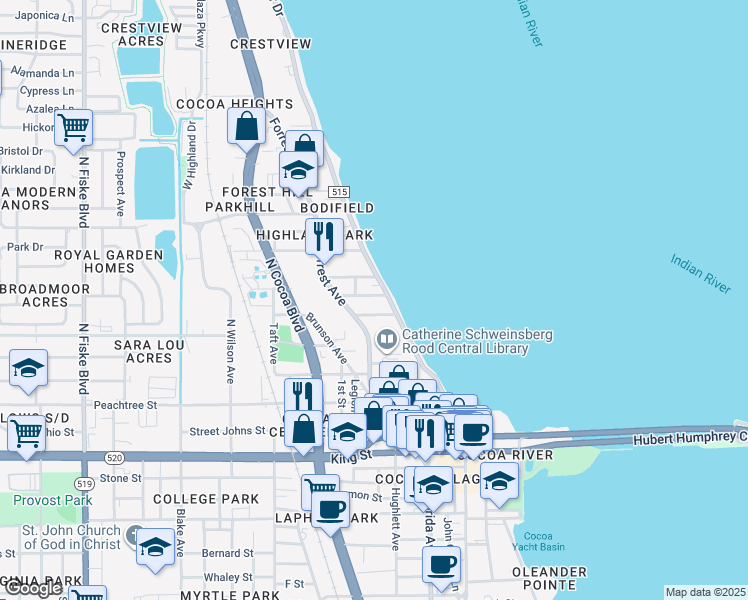 map of restaurants, bars, coffee shops, grocery stores, and more near 407 Indian River Drive in Cocoa