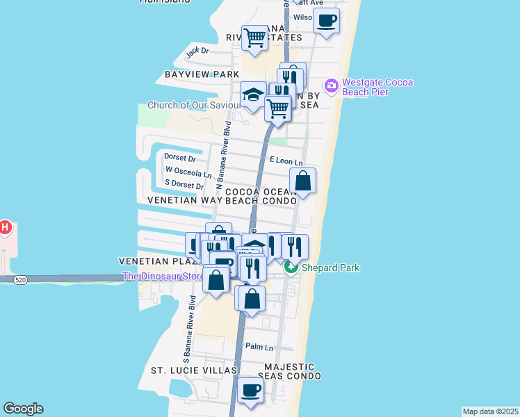 map of restaurants, bars, coffee shops, grocery stores, and more near 112 East Park Lane in Cocoa Beach
