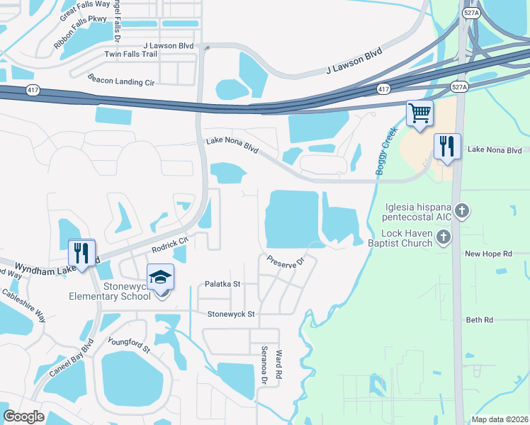 map of restaurants, bars, coffee shops, grocery stores, and more near 14121 Ward Road in Orlando