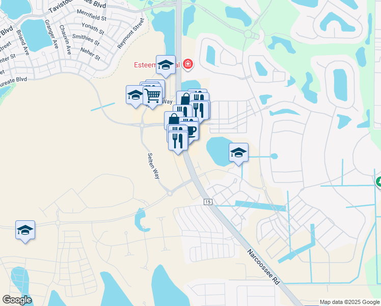 map of restaurants, bars, coffee shops, grocery stores, and more near 14105 Narcoossee Road in Orlando
