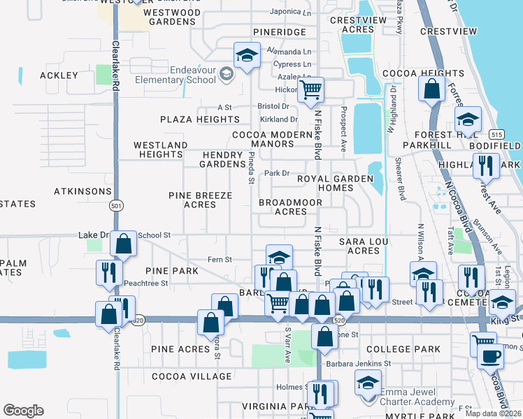 map of restaurants, bars, coffee shops, grocery stores, and more near 501 North Georgia Avenue in Cocoa