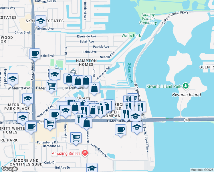 map of restaurants, bars, coffee shops, grocery stores, and more near 801 Del Rio Way in Merritt Island