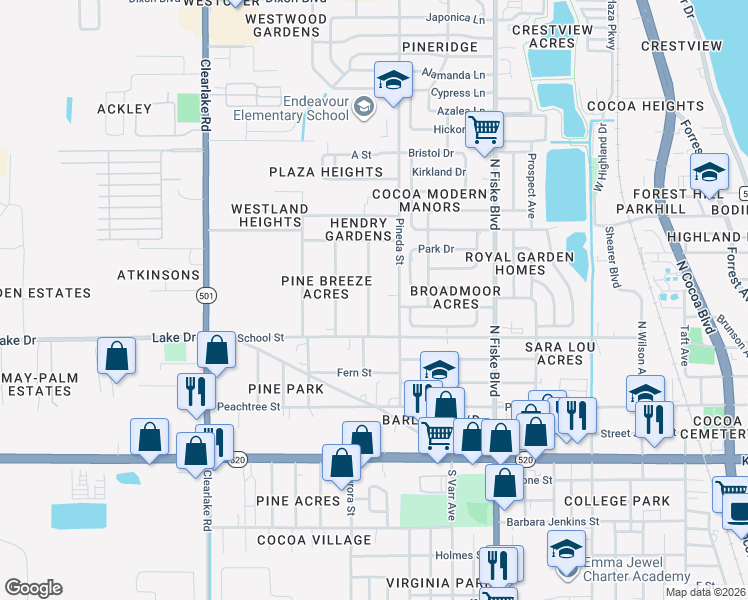 map of restaurants, bars, coffee shops, grocery stores, and more near 328 Bay Avenue in Cocoa
