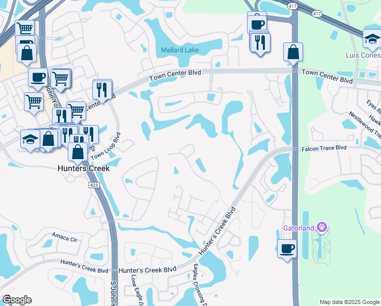 map of restaurants, bars, coffee shops, grocery stores, and more near 2835 Crane Trace Circle in Orlando