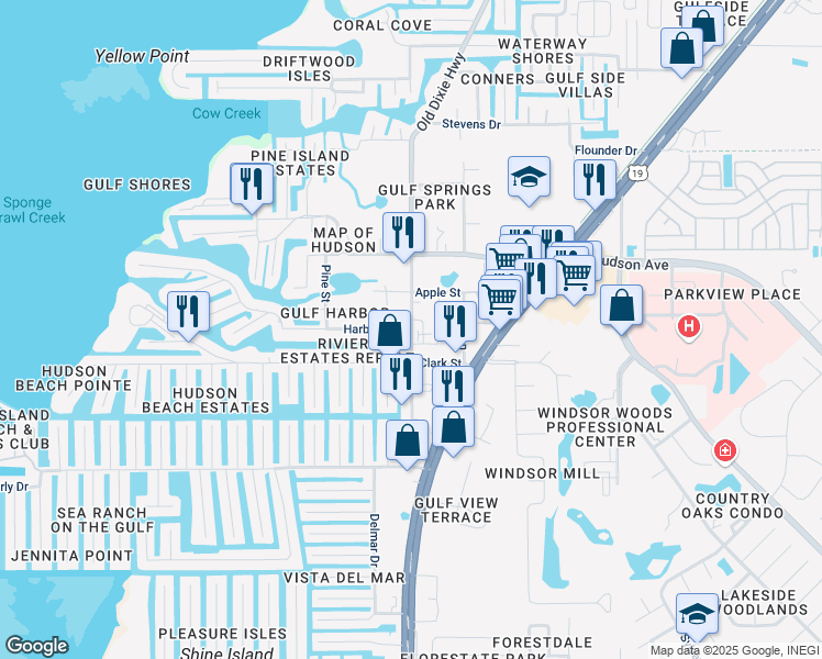 map of restaurants, bars, coffee shops, grocery stores, and more near 12221 Harbor Drive in Hudson