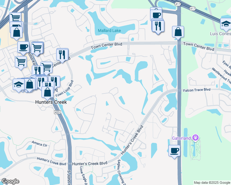 map of restaurants, bars, coffee shops, grocery stores, and more near 2835 Crane Trace Circle in Orlando