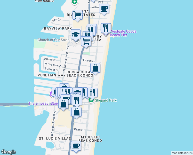 map of restaurants, bars, coffee shops, grocery stores, and more near 4700 Ocean Beach Boulevard in Cocoa Beach