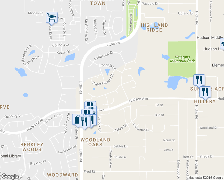 map of restaurants, bars, coffee shops, grocery stores, and more near 9239 Tournament Drive in Hudson