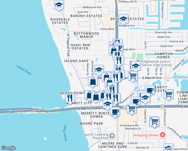 map of restaurants, bars, coffee shops, grocery stores, and more near 325 Norwood Street in Merritt Island
