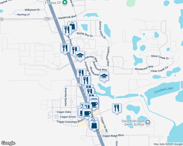 map of restaurants, bars, coffee shops, grocery stores, and more near 950 Woodsong Way in Clermont