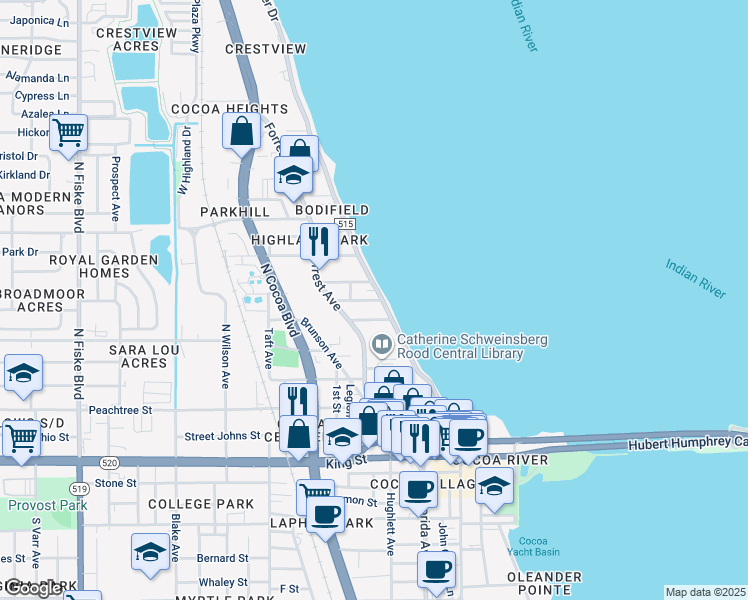 map of restaurants, bars, coffee shops, grocery stores, and more near 407 Indian River Drive in Cocoa