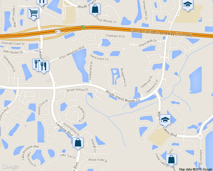 map of restaurants, bars, coffee shops, grocery stores, and more near 1714 Bridgeview Circle in Orlando