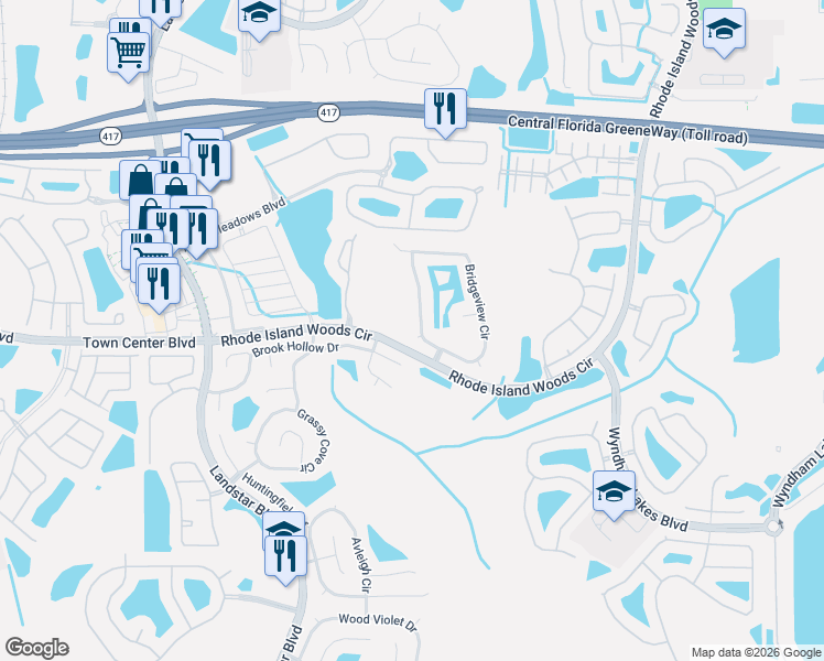 map of restaurants, bars, coffee shops, grocery stores, and more near 1714 Bridgeview Circle in Orlando